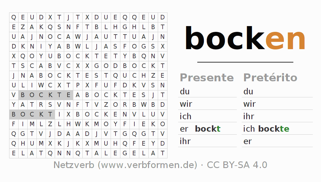 Caça-palavras com a conjugação do verbo bocken