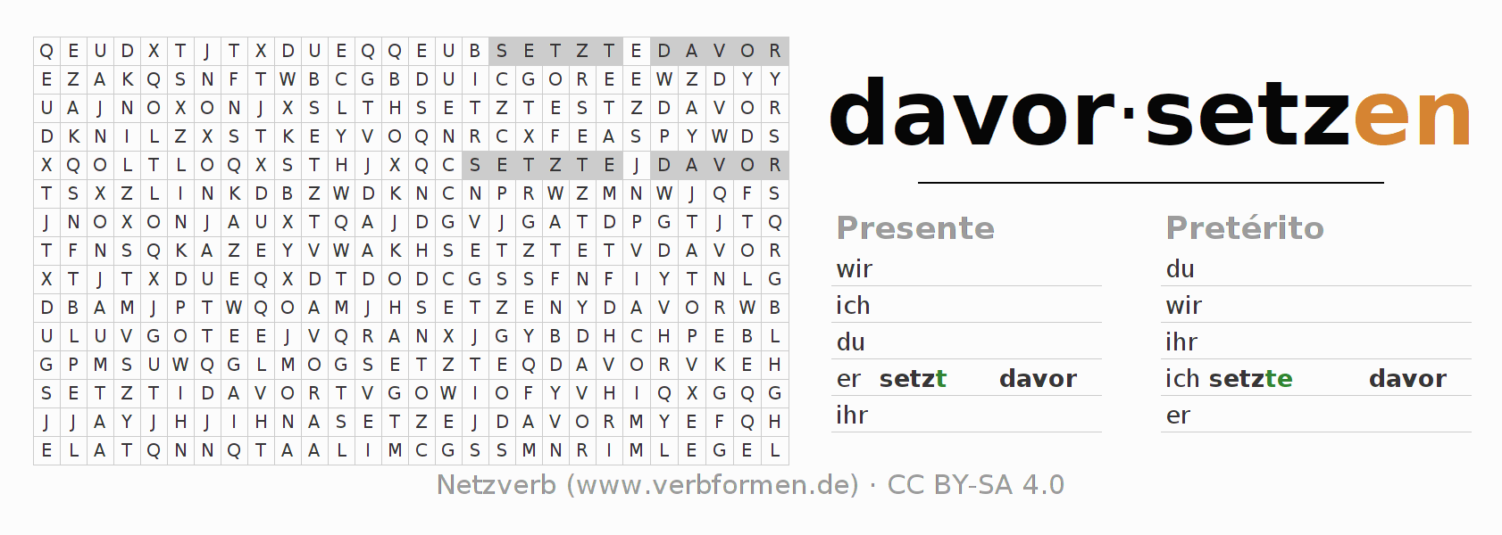 Caça-palavras com a conjugação do verbo davorsetzen