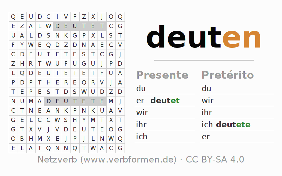 Caça-palavras com a conjugação do verbo deuten
