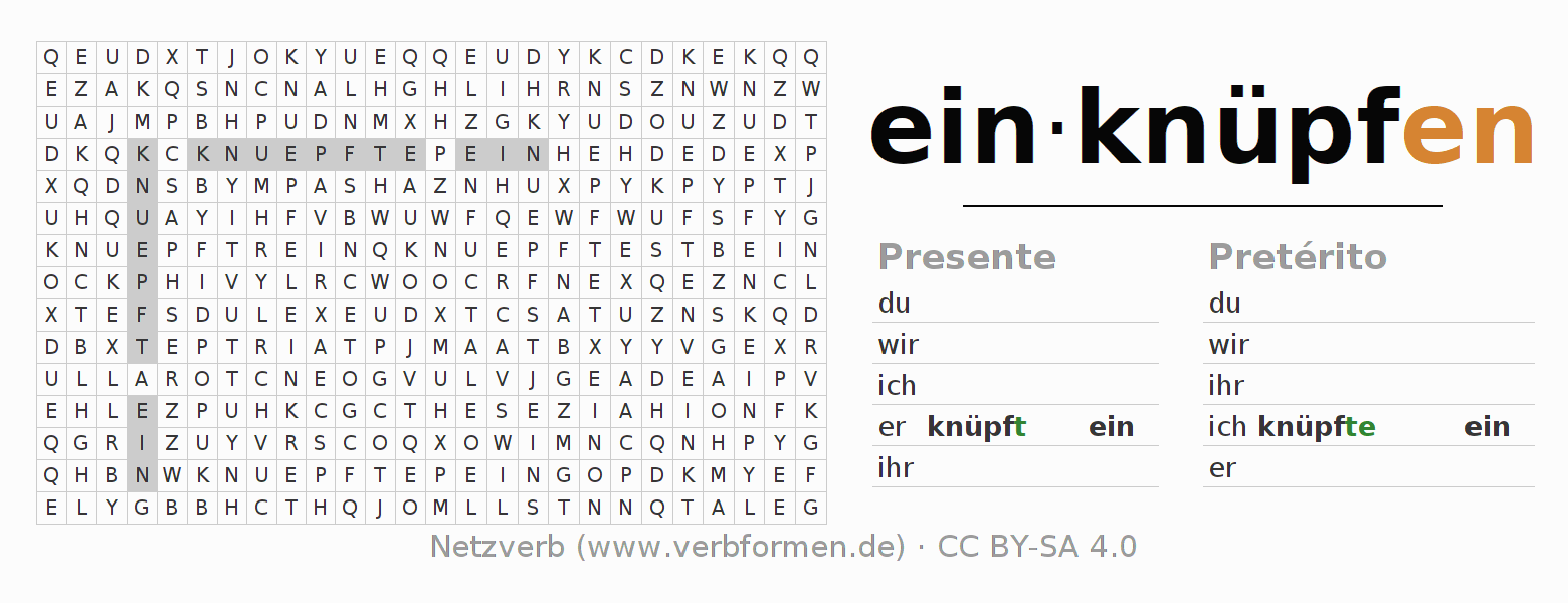 Caça-palavras com a conjugação do verbo einknüpfen