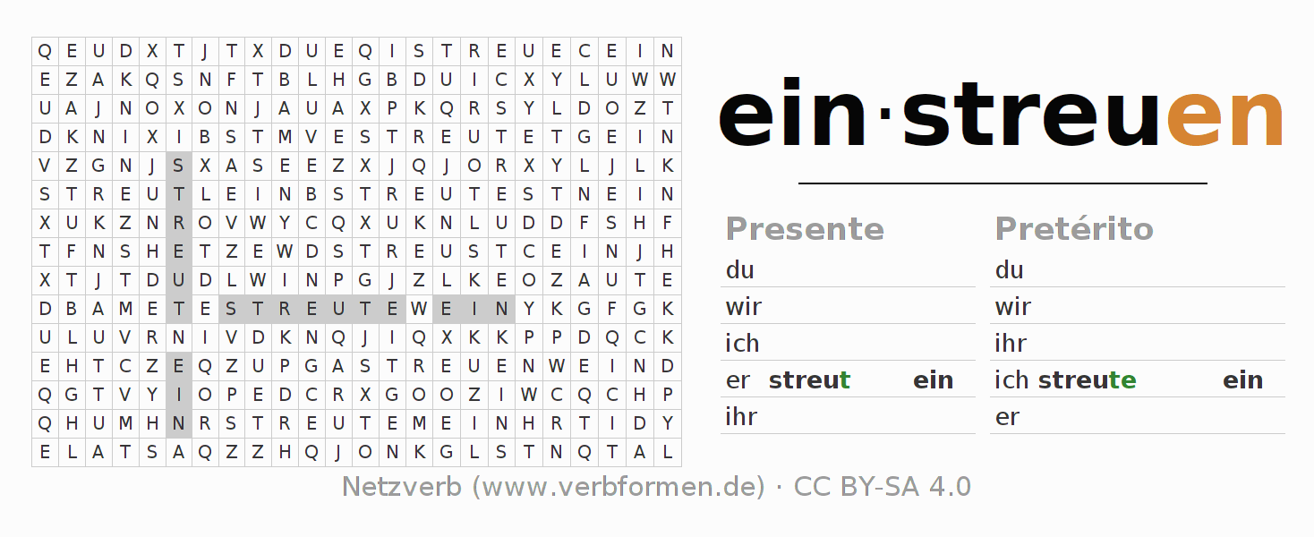Caça-palavras com a conjugação do verbo einstreuen
