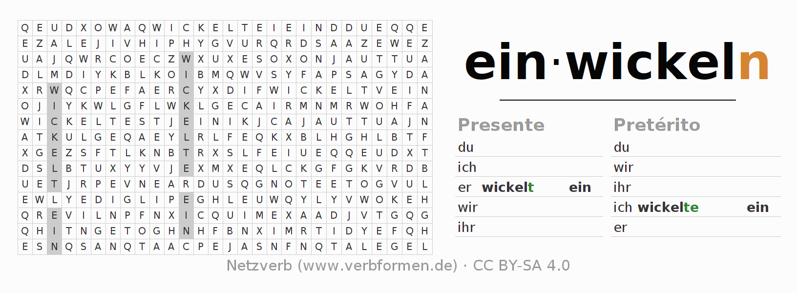 Caça-palavras com a conjugação do verbo einwickeln