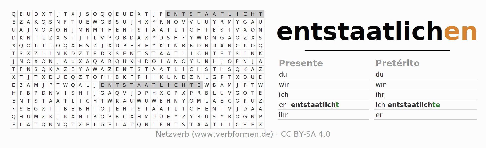 Caça-palavras com a conjugação do verbo entstaatlichen