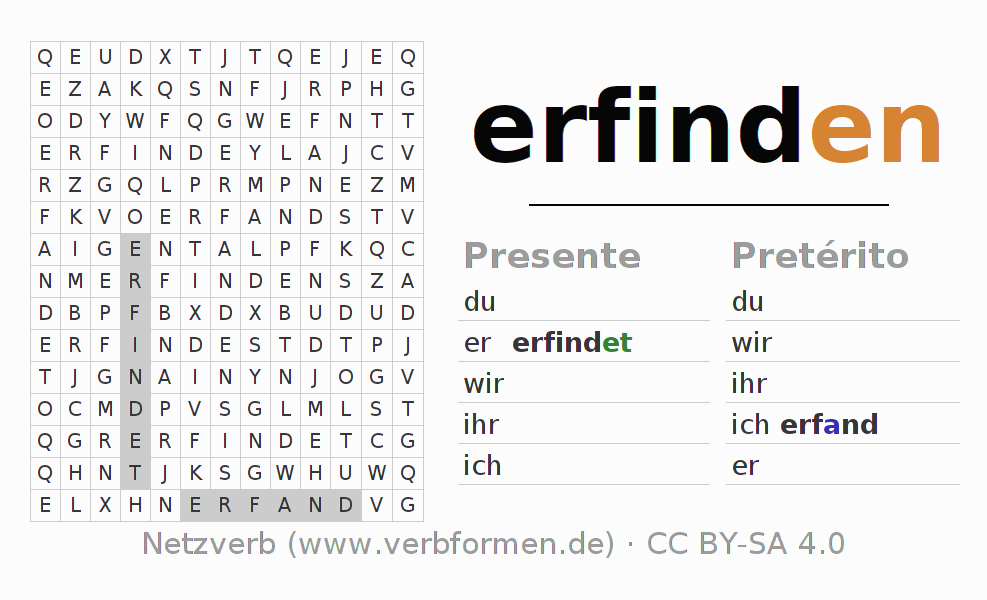 Caça-palavras com a conjugação do verbo erfinden