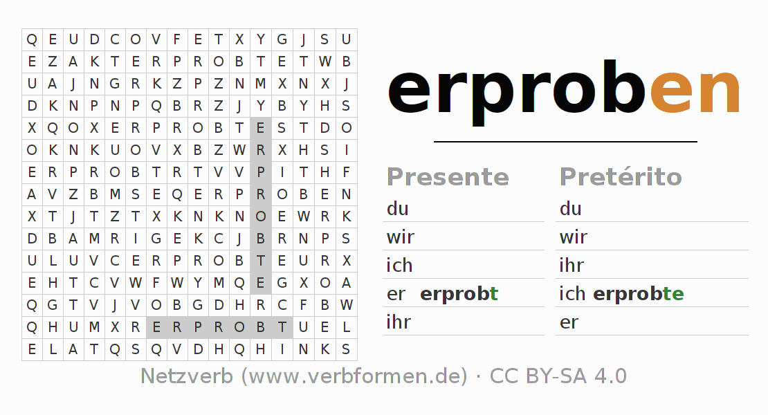 Caça-palavras com a conjugação do verbo erproben