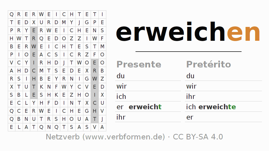 Caça-palavras com a conjugação do verbo erweichen (hat)