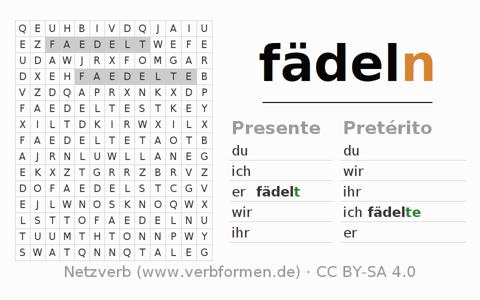 Caça-palavras com a conjugação do verbo fädeln