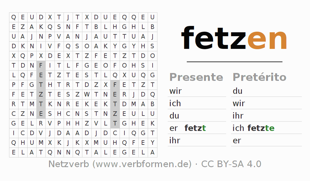Caça-palavras com a conjugação do verbo fetzen (hat)