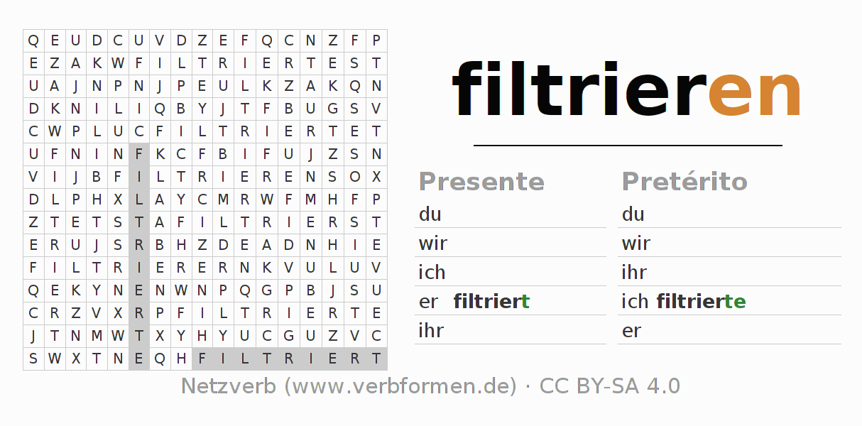 Caça-palavras com a conjugação do verbo filtrieren