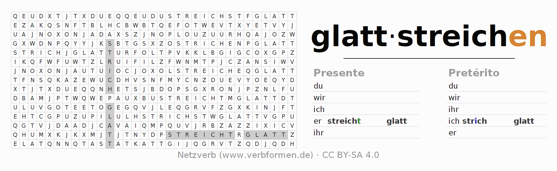 Caça-palavras com a conjugação do verbo glattstreichen