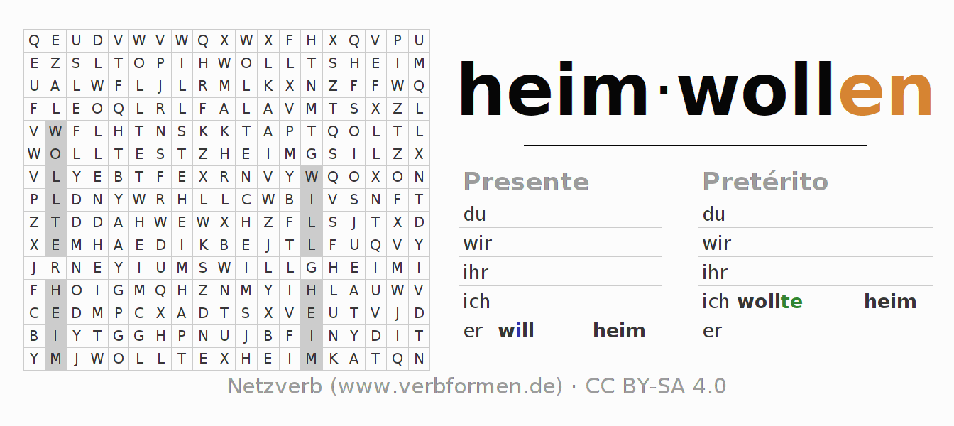 Caça-palavras com a conjugação do verbo heimwollen