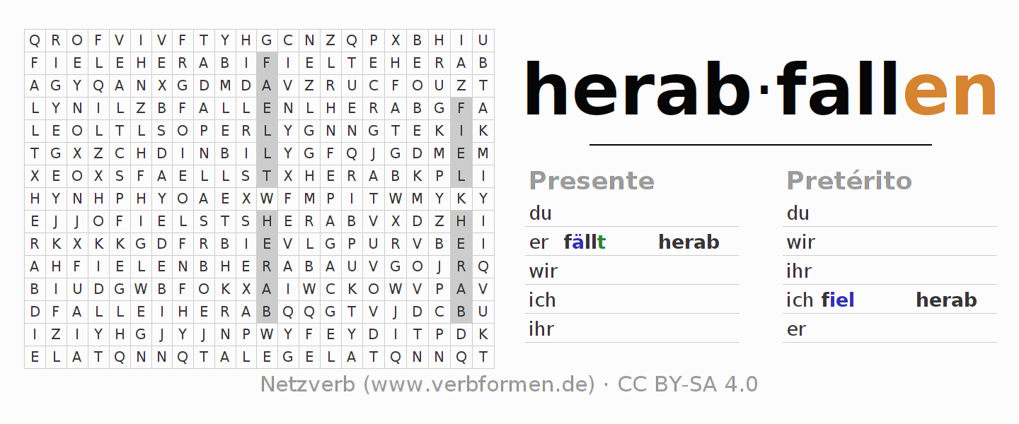 Caça-palavras com a conjugação do verbo herabfallen