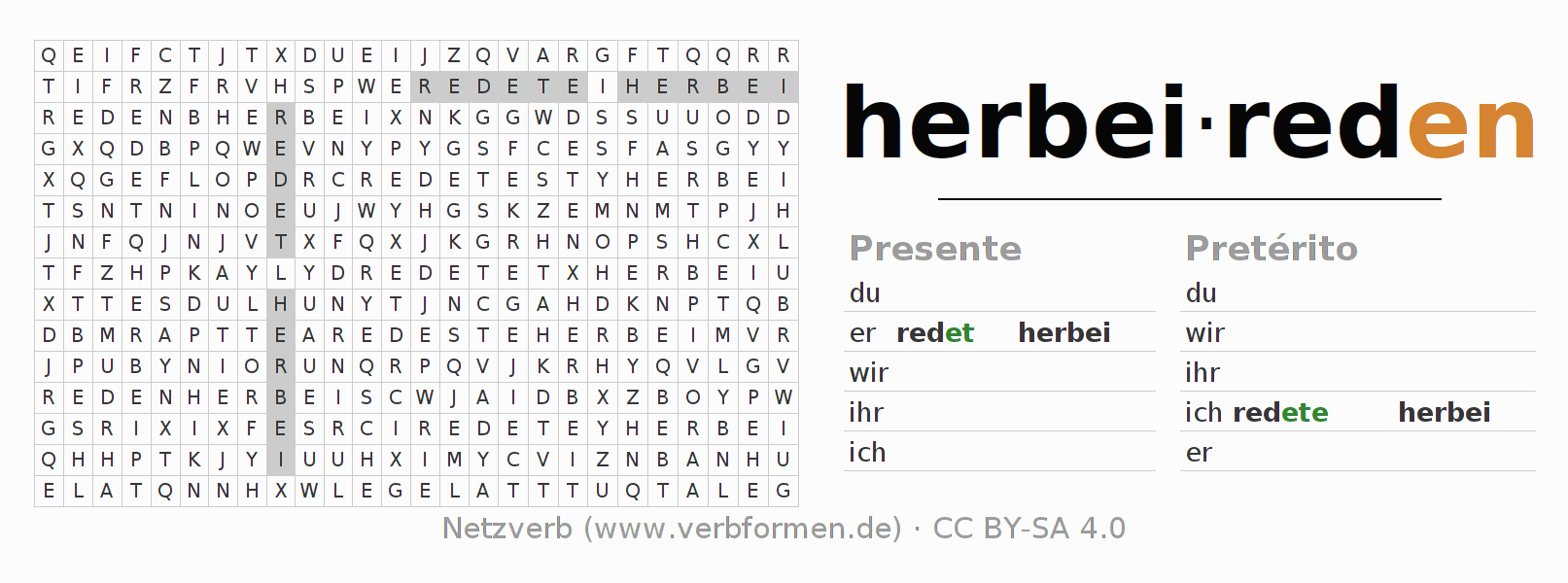 Caça-palavras com a conjugação do verbo herbeireden