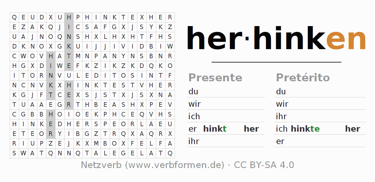 Caça-palavras com a conjugação do verbo herhinken