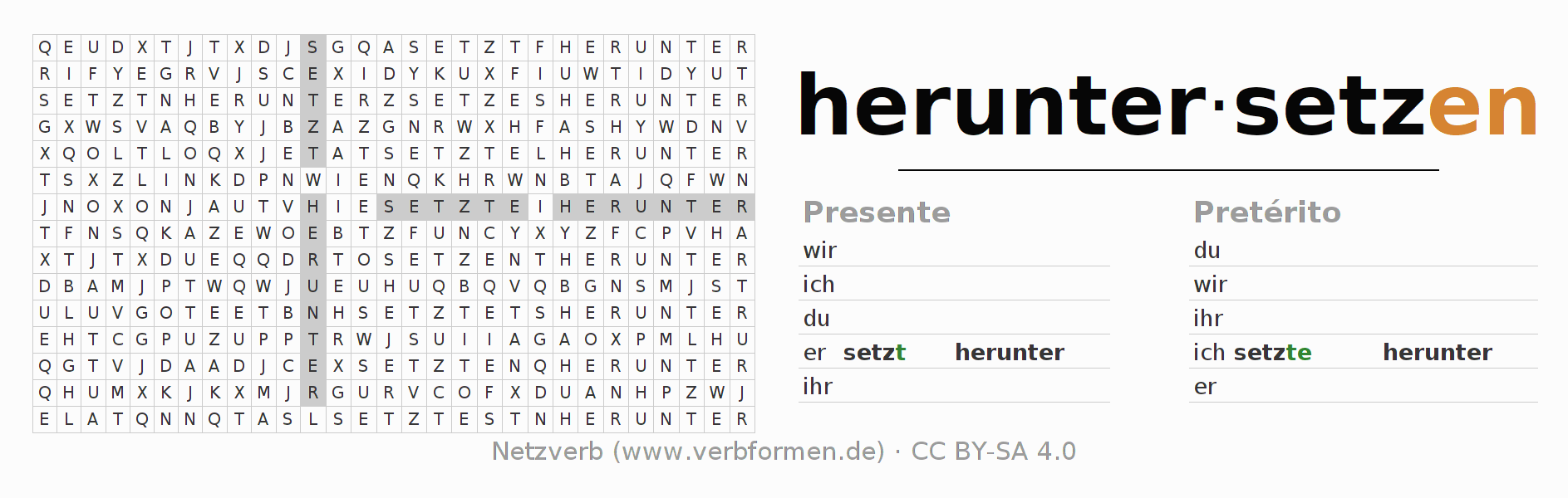 Caça-palavras com a conjugação do verbo heruntersetzen
