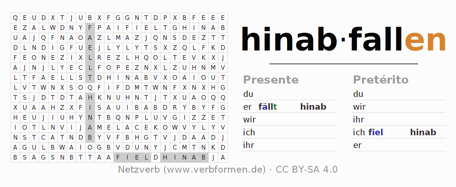 Caça-palavras com a conjugação do verbo hinabfallen
