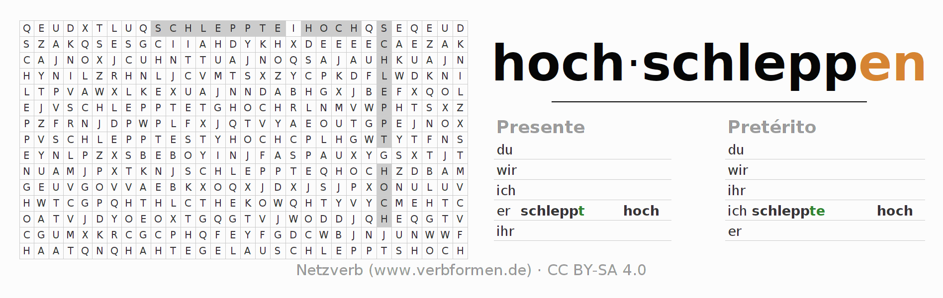 Caça-palavras com a conjugação do verbo hochschleppen