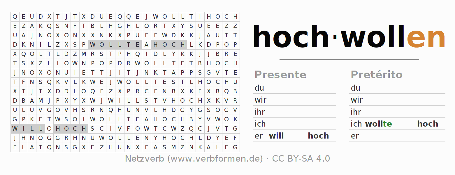 Caça-palavras com a conjugação do verbo hochwollen