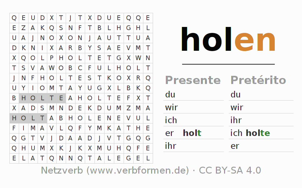 Caça-palavras com a conjugação do verbo holen