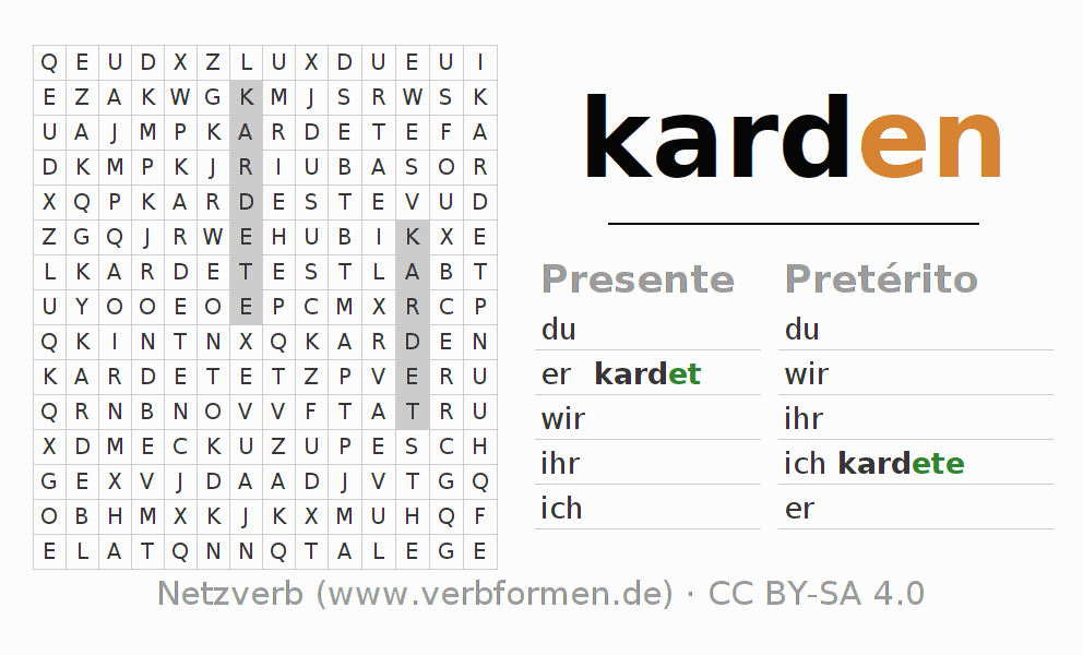 Caça-palavras com a conjugação do verbo karden