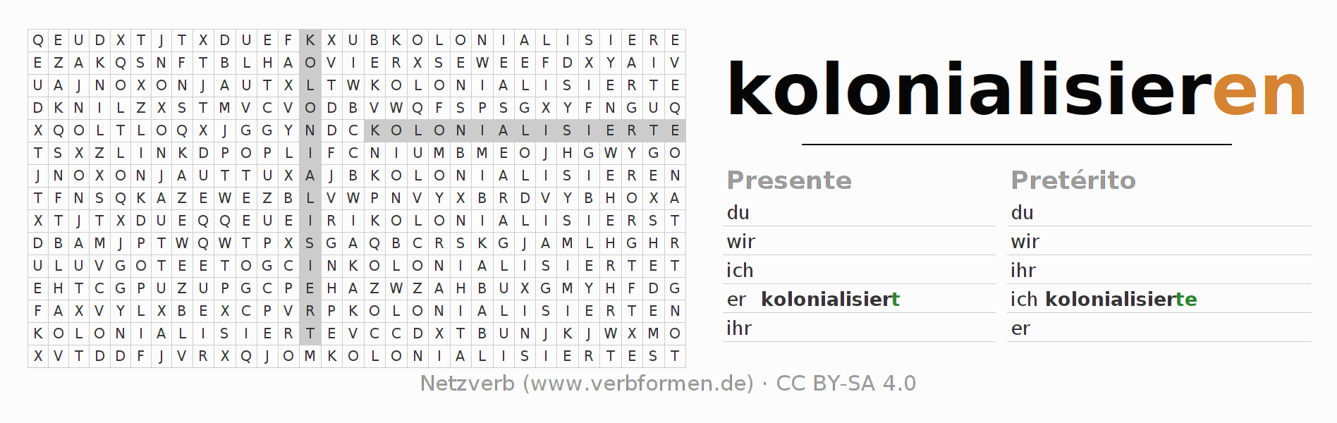 Caça-palavras com a conjugação do verbo kolonialisieren