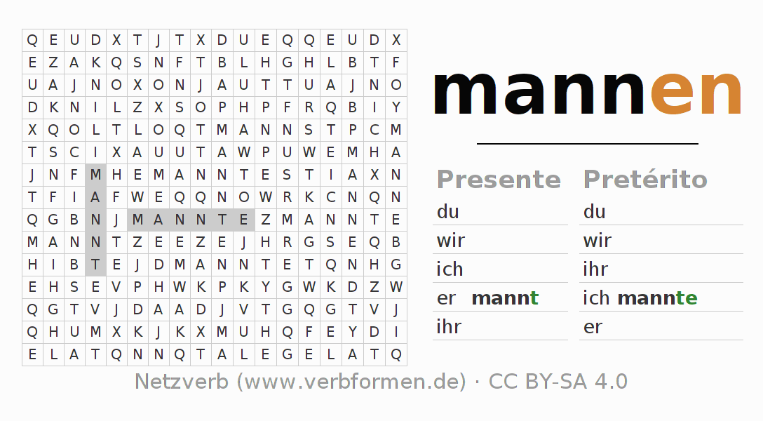 Caça-palavras com a conjugação do verbo mannen