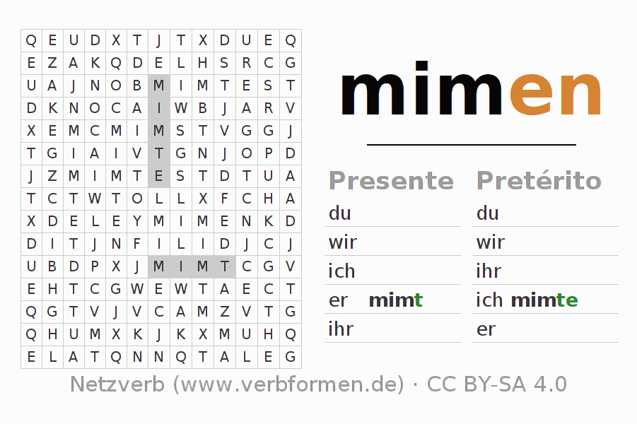 Caça-palavras com a conjugação do verbo mimen