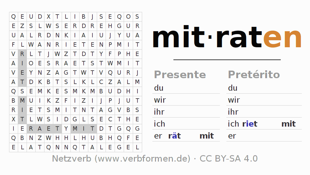 Caça-palavras com a conjugação do verbo mitraten