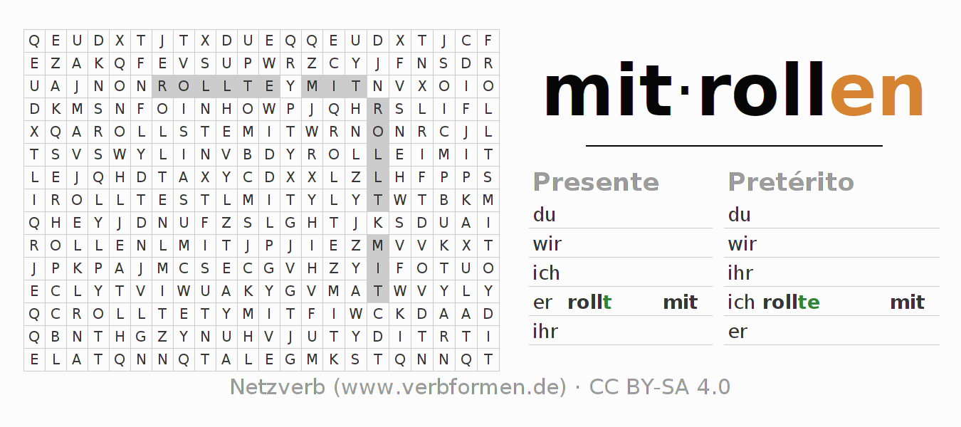 Caça-palavras com a conjugação do verbo mitrollen