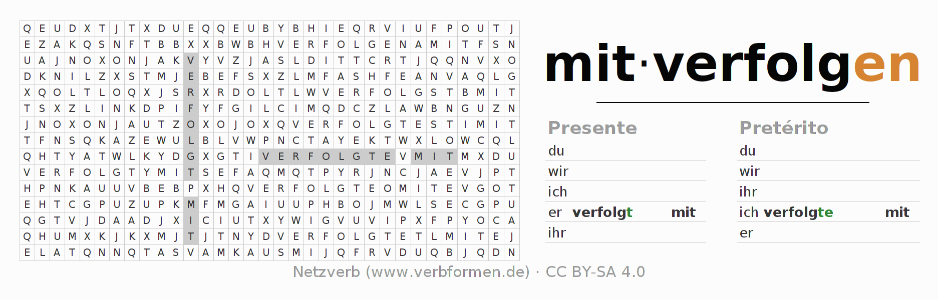 Caça-palavras com a conjugação do verbo mitverfolgen