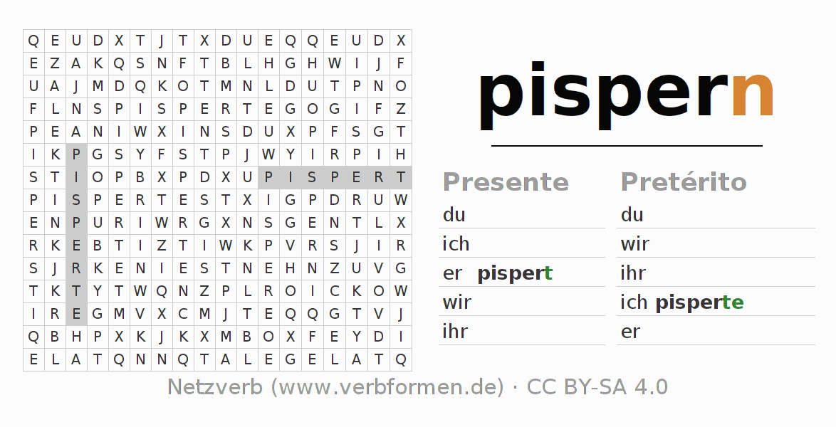 Caça-palavras com a conjugação do verbo pispern