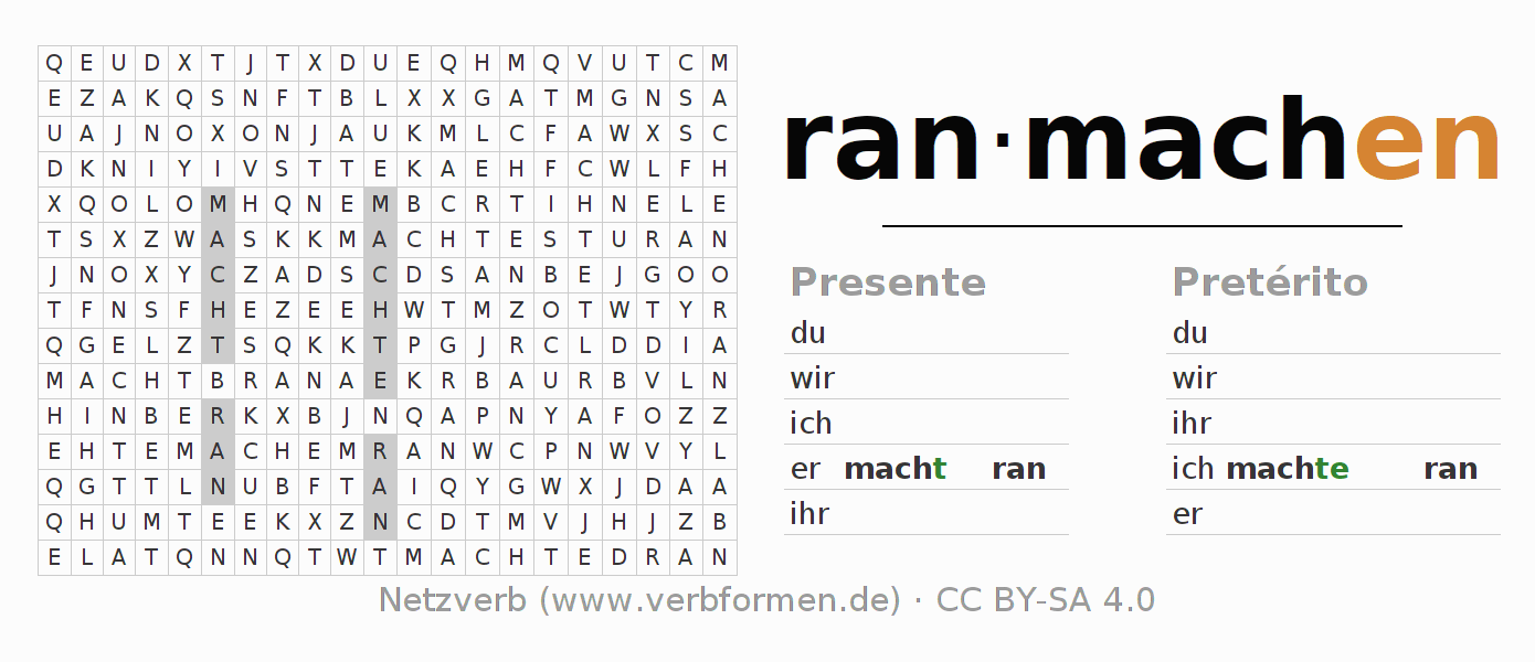 Caça-palavras com a conjugação do verbo ranmachen