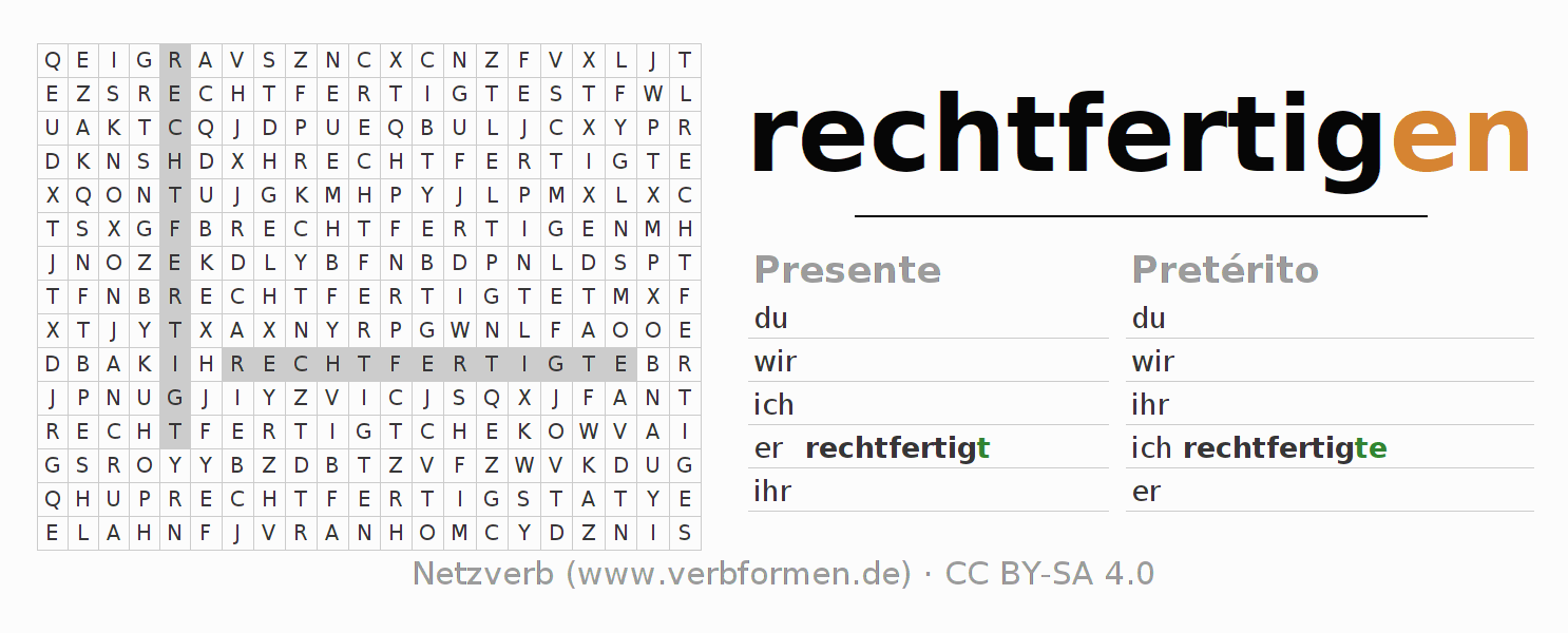 Caça-palavras com a conjugação do verbo rechtfertigen