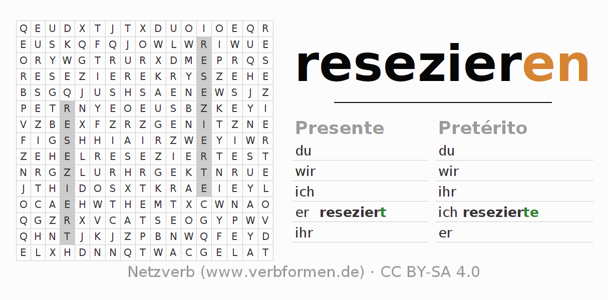 Caça-palavras com a conjugação do verbo resezieren