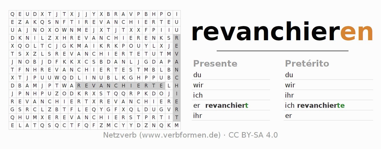 Caça-palavras com a conjugação do verbo revanchieren