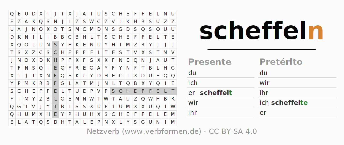 Caça-palavras com a conjugação do verbo scheffeln