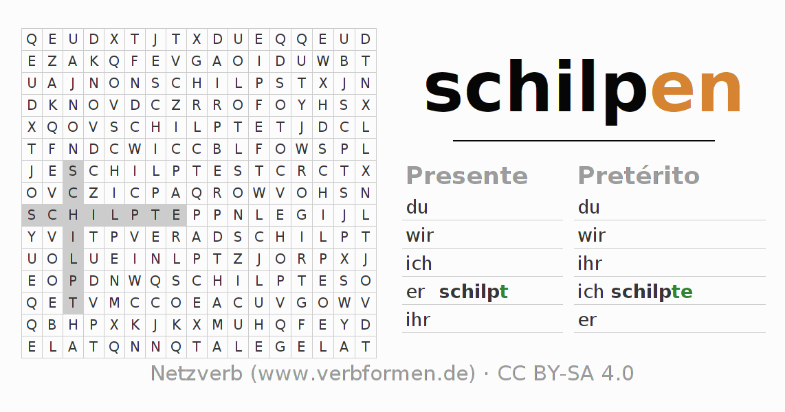 Caça-palavras com a conjugação do verbo schilpen