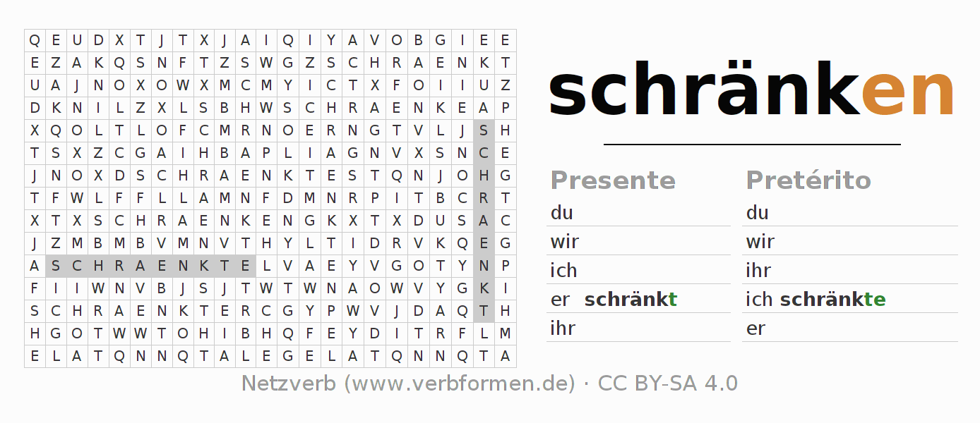 Caça-palavras com a conjugação do verbo schränken