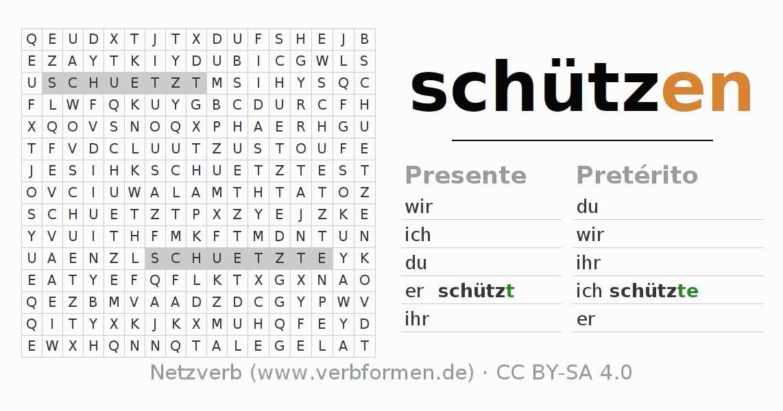Caça-palavras com a conjugação do verbo schützen