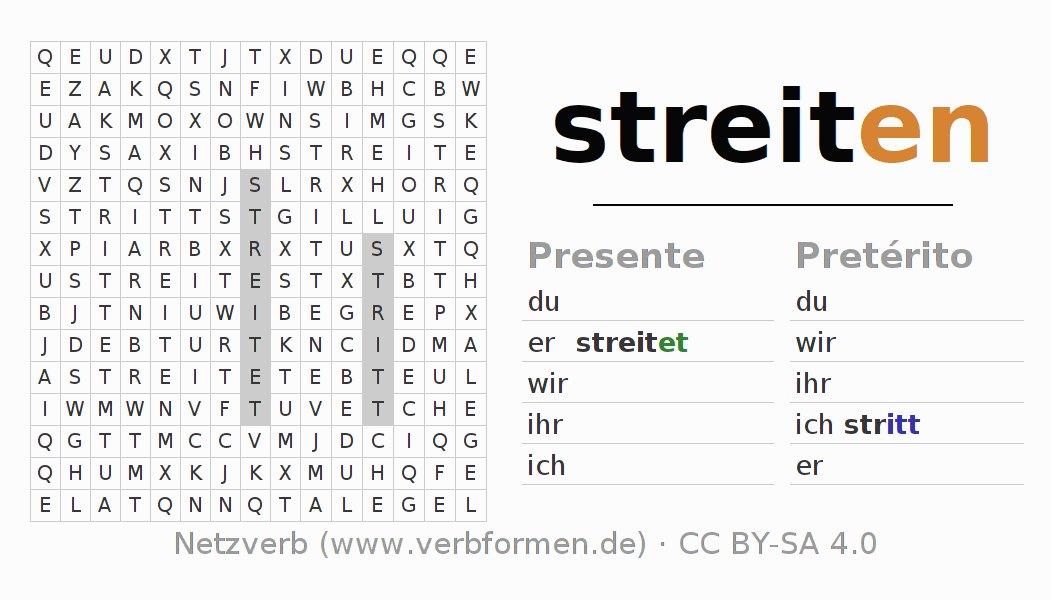 Caça-palavras com a conjugação do verbo streiten