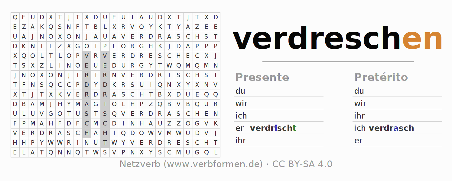 Caça-palavras com a conjugação do verbo verdreschen