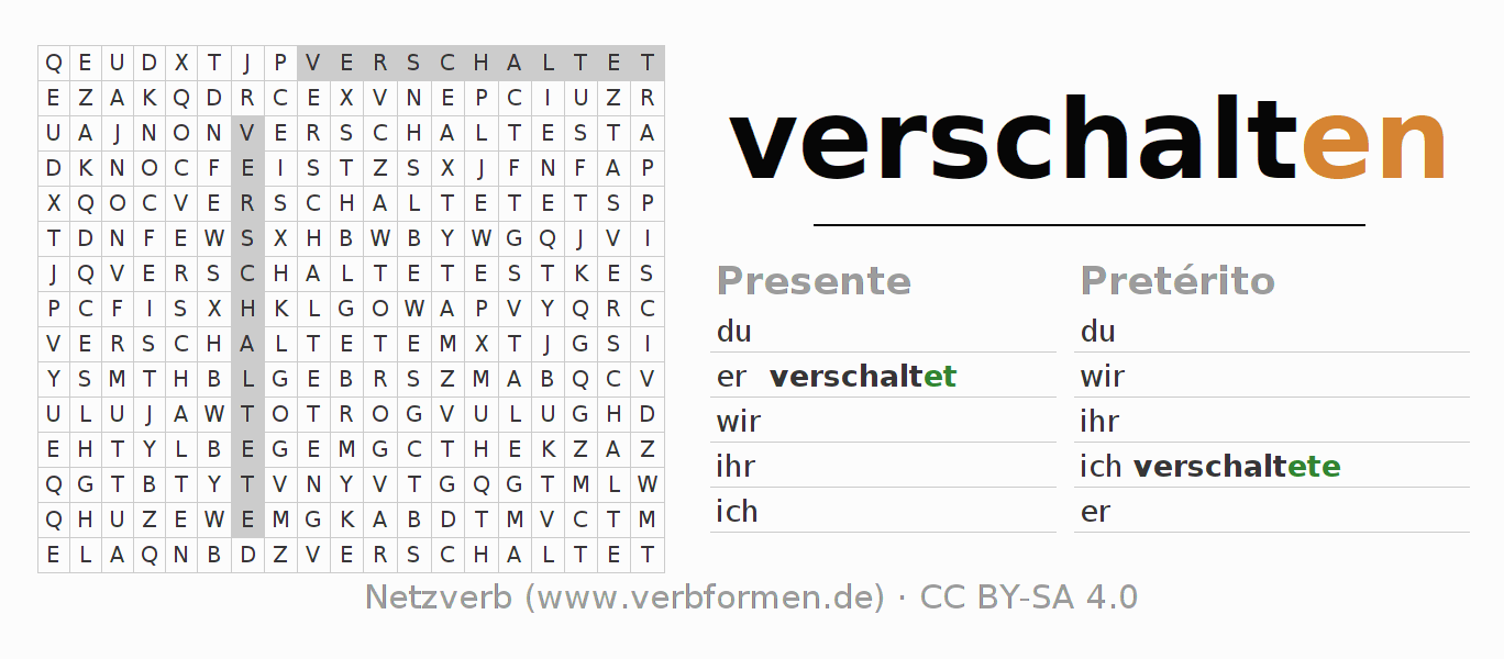 Caça-palavras com a conjugação do verbo verschalten