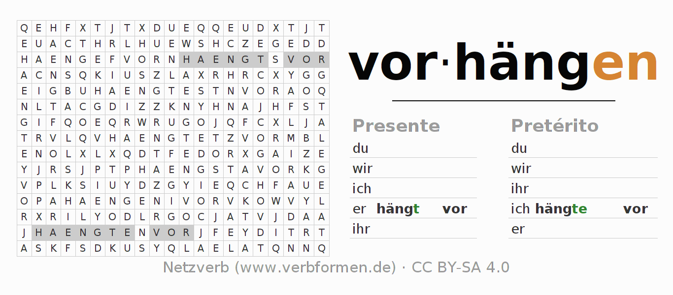 Caça-palavras com a conjugação do verbo vorhängen (regelm)