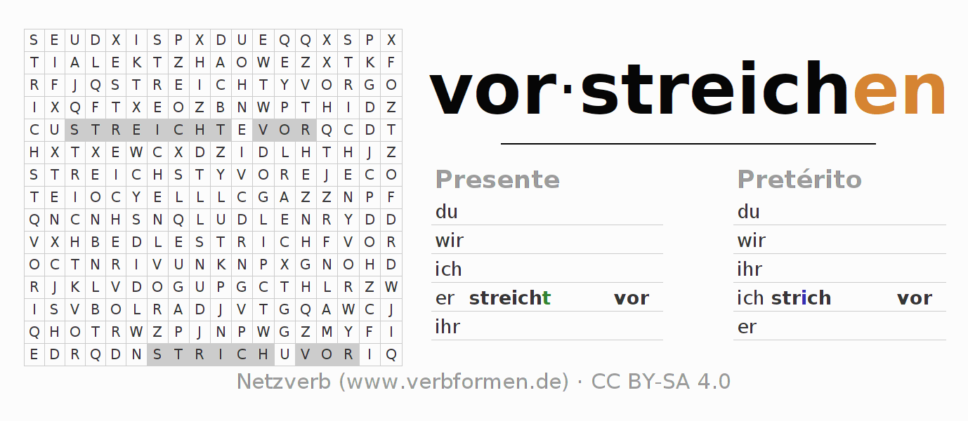 Caça-palavras com a conjugação do verbo vorstreichen