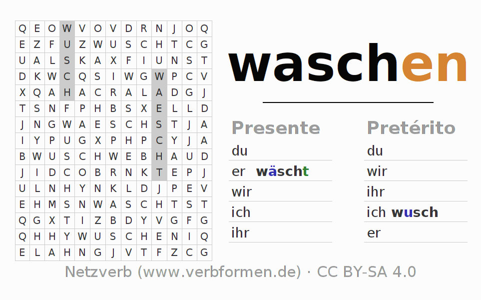 Caça-palavras com a conjugação do verbo waschen