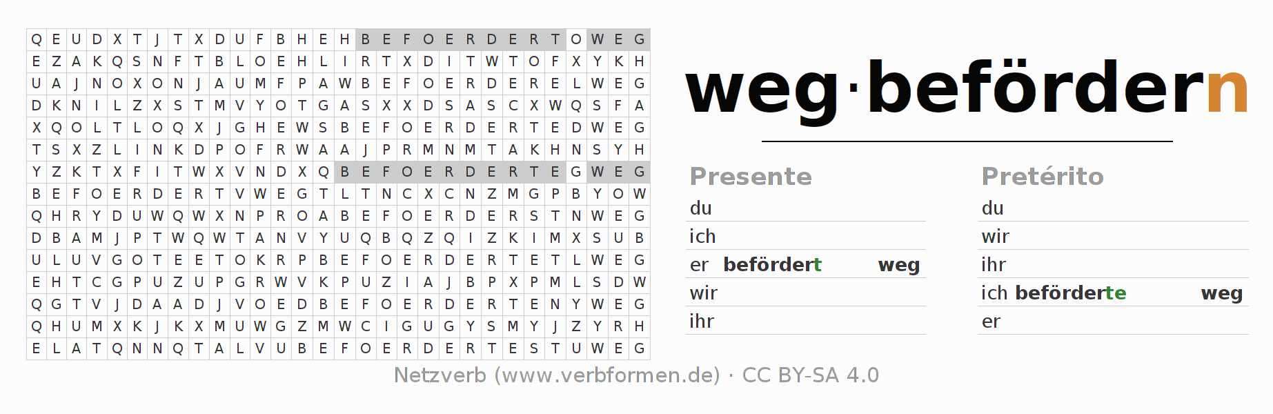 Caça-palavras com a conjugação do verbo wegbefördern