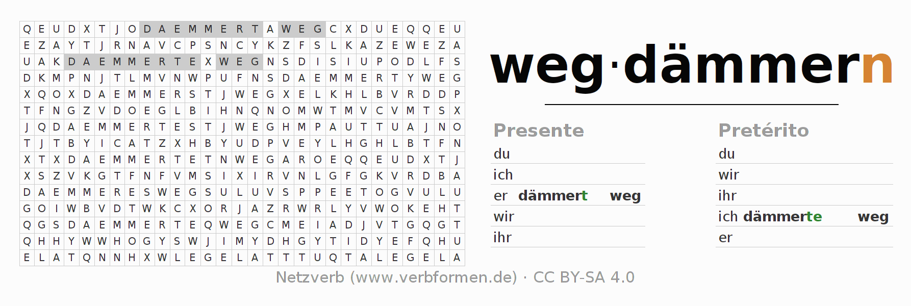 Caça-palavras com a conjugação do verbo wegdämmern