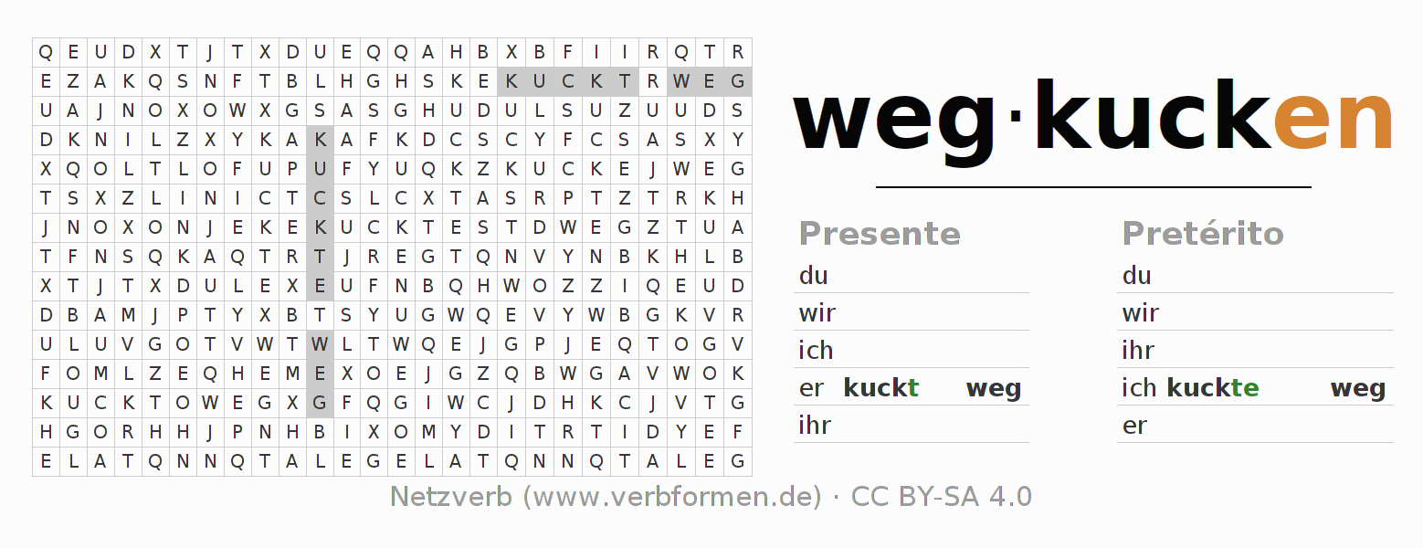 Caça-palavras com a conjugação do verbo wegkucken