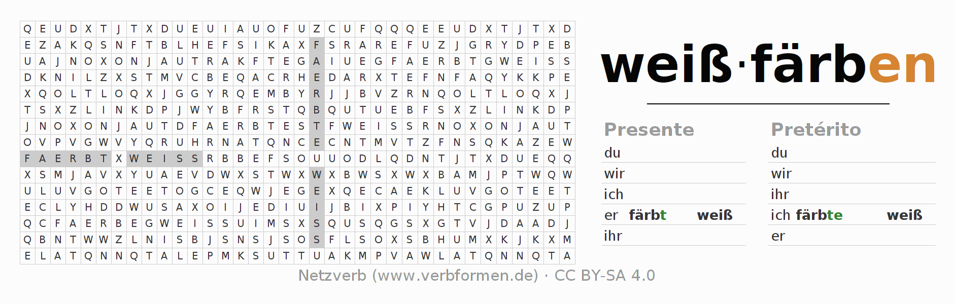 Caça-palavras com a conjugação do verbo weißfärben