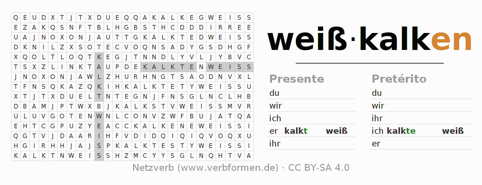 Caça-palavras com a conjugação do verbo weißkalken